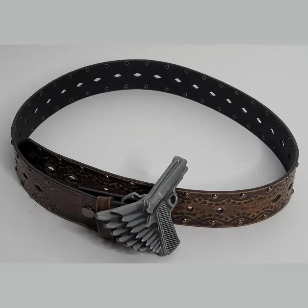 Leather Belt Sz Small 32 Gun Pistol Wings Buckle Brown Embossed‎ Studded Western
